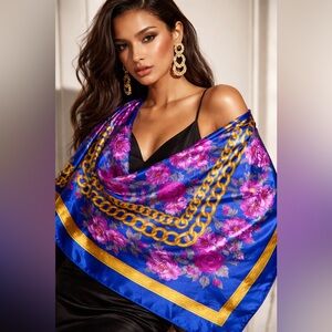 Elegant Blue Floral Scarf | Gold Chain Print | Chic & Versatile Style
